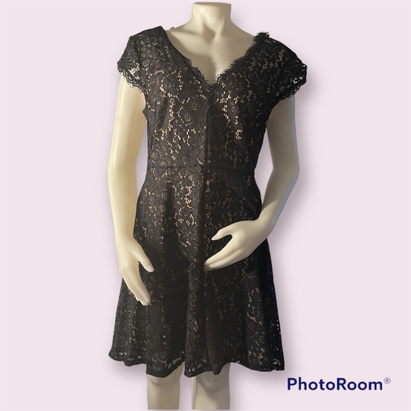 knee length dresses for ladies Black Floral Lace Long Sleeve Ruffle Hem Mini Dress main image 1